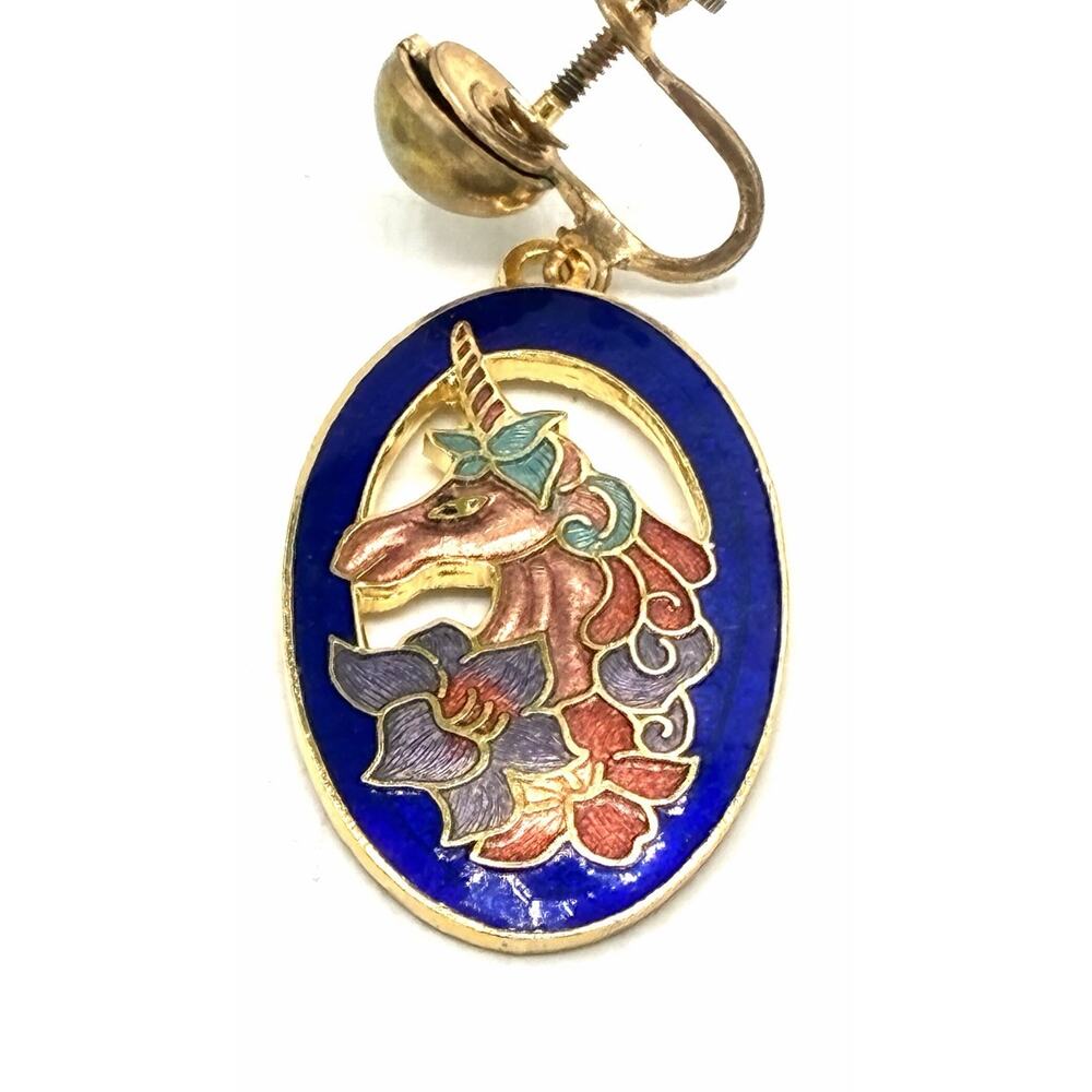 Vintage Cloisonné Unicorn Earrings – Cobalt Blue Enamel Screw‑Back Dangle - Picture 2 of 5